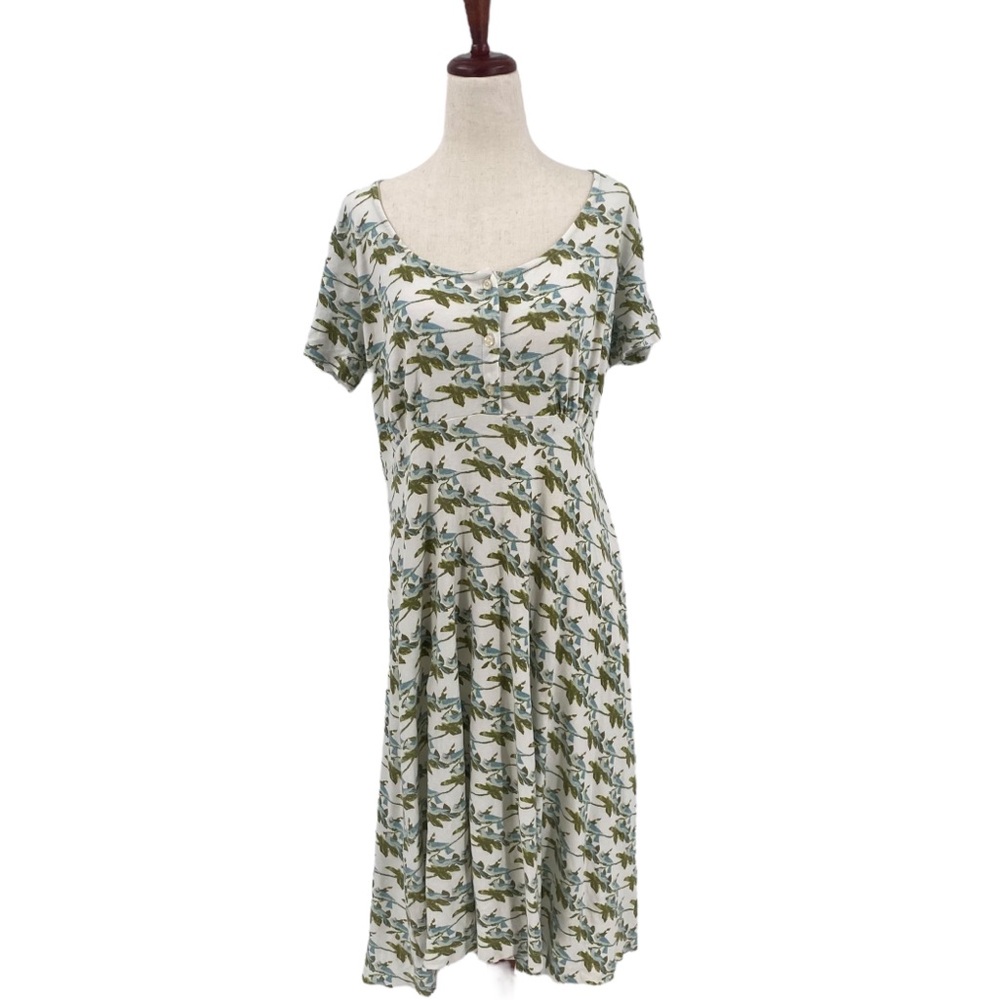 kate quinn Cream Floral Midi Dress with Green and Blue Leaves